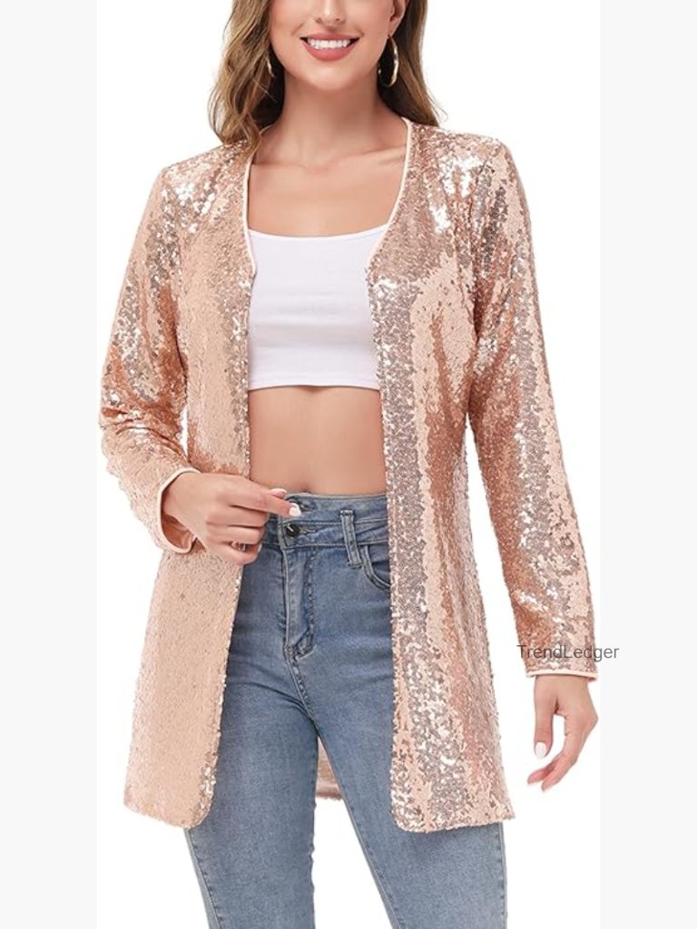 Open Front Sequin Coat Blazer Jacket Party Club Outerwear